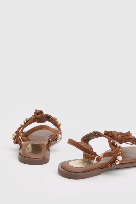 Tabi Faux Sued Tassel Trim Flat Sandals - Image 2