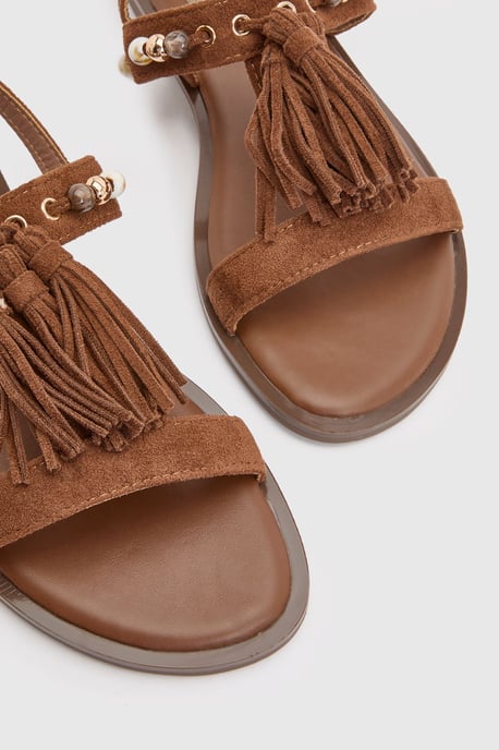 Tabi Faux Sued Tassel Trim Flat Sandals - Image 3