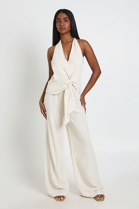 Halterneck Linen Look Knot Front Wide Leg Jumpsuit - Image 1