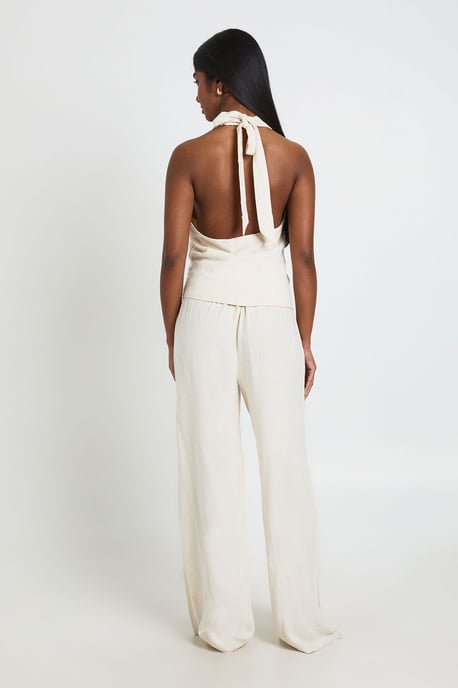Halterneck Linen Look Knot Front Wide Leg Jumpsuit - Image 2