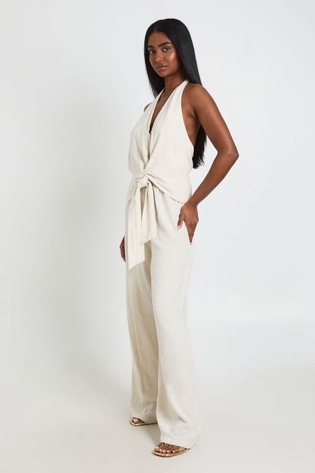 Halterneck Linen Look Knot Front Wide Leg Jumpsuit - Image 3
