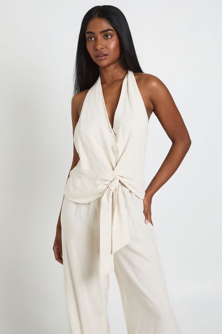Halterneck Linen Look Knot Front Wide Leg Jumpsuit - Image 4