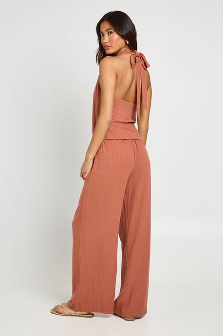Halterneck Linen Look Knot Front Wide Leg Jumpsuit - Image 2