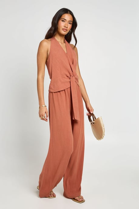 Halterneck Linen Look Knot Front Wide Leg Jumpsuit - Image 3