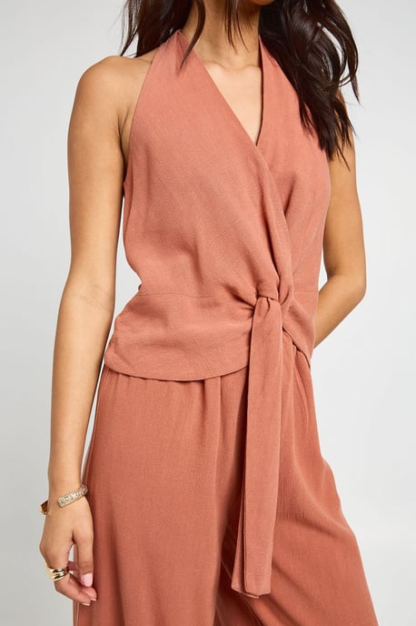 Halterneck Linen Look Knot Front Wide Leg Jumpsuit - Image 4