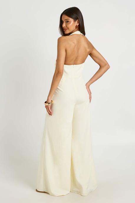 Halterneck Drape Detail Gold Trim Wide Leg Jumpsuit - Image 2