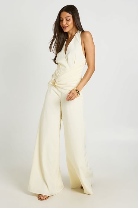 Halterneck Drape Detail Gold Trim Wide Leg Jumpsuit - Image 3
