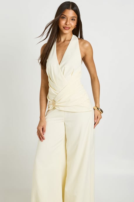 Halterneck Drape Detail Gold Trim Wide Leg Jumpsuit - Image 4