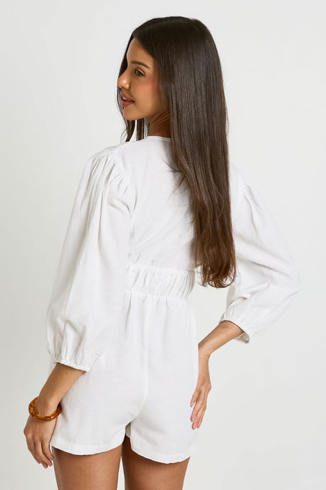 Linen Look Volume Sleeve Shirred Playsuit - Image 2