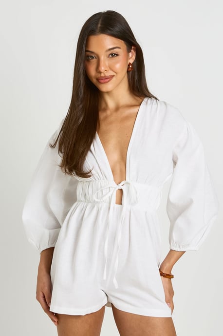 Linen Look Volume Sleeve Shirred Playsuit - Image 3