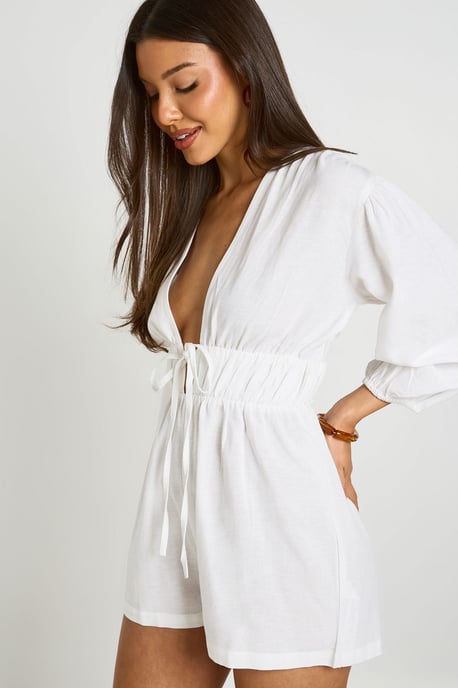 Linen Look Volume Sleeve Shirred Playsuit - Image 4