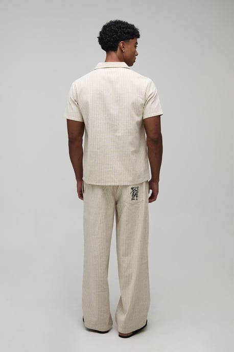 Baggy Fit Stripe Linen Blend Embroidered Pocket Trousers - Image 2