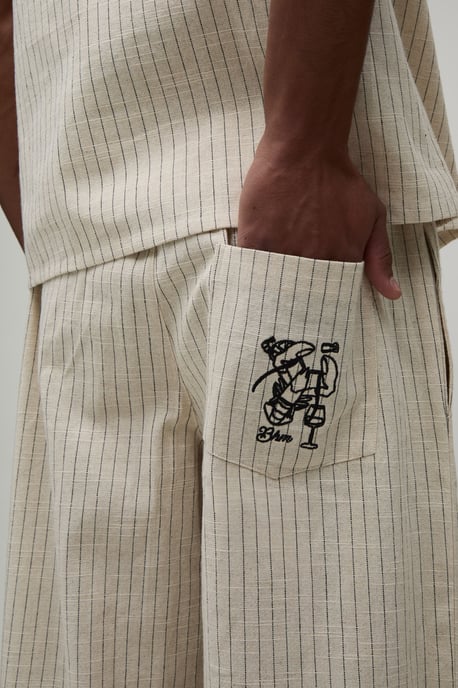 Baggy Fit Stripe Linen Blend Embroidered Pocket Trousers - Image 3