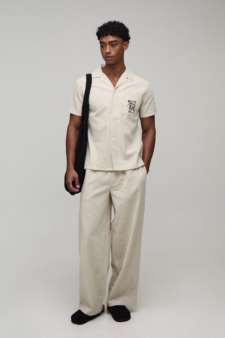 Baggy Fit Stripe Linen Blend Embroidered Pocket Trousers - Image 4