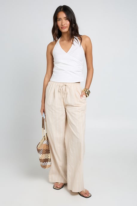 Tonal Stripe Linen Look Relaxed Fit Wide Leg Trousers - Image 1