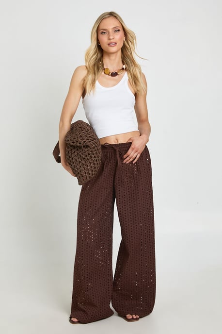 Petite Broderie Low Rise Wide Leg Trouser - Image 1