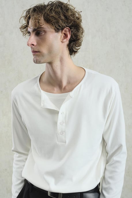 Knäppt Crew-Neck T-shirt med Långa Ärmar - Image 4