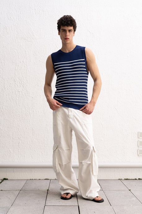 Slim Fit Gestreepte Crew Neck Mouwloos T-shirt - Image 2