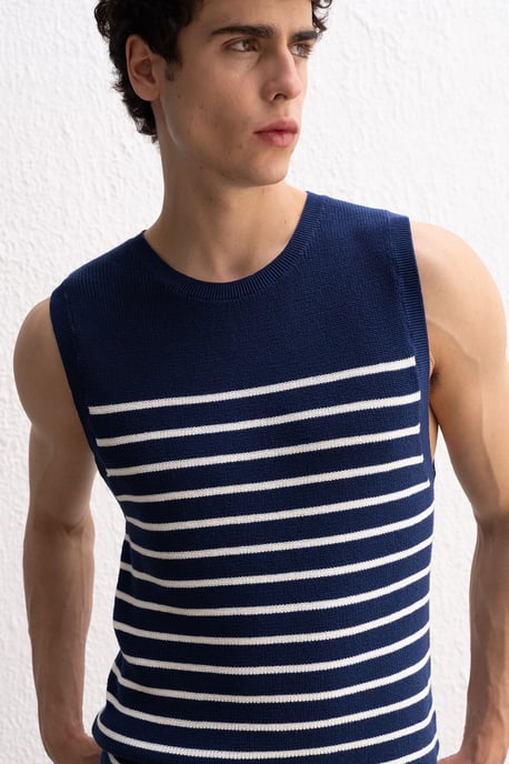 Slim Fit Gestreepte Crew Neck Mouwloos T-shirt - Image 3