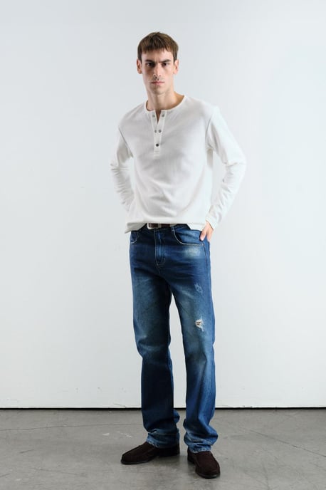 Slim Fit Knappkrage Långärmad T-shirt - Image 1