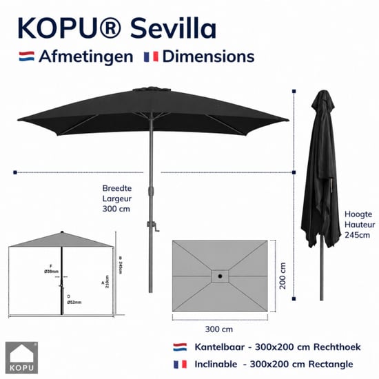 Kopu ® sevilla parasol rechthoek 200x300 cm met hoes balkonparasol - Image 3
