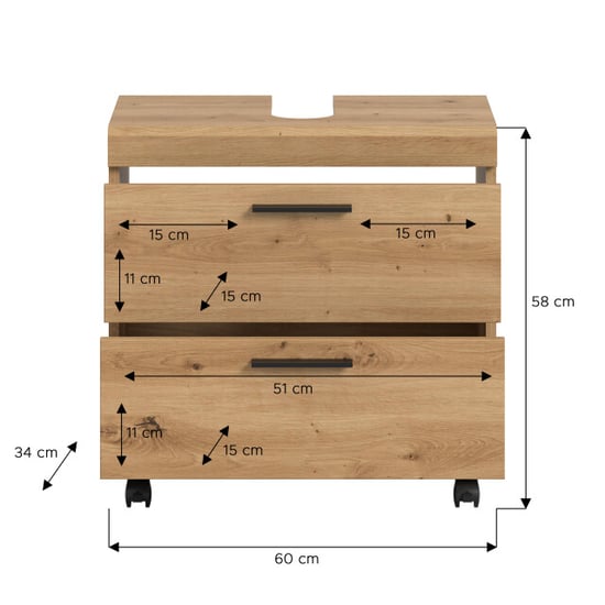 Furnilux Wastafelkast op wielen badkameropbergkast met 2 lades 60x56x34 cm - Image 2
