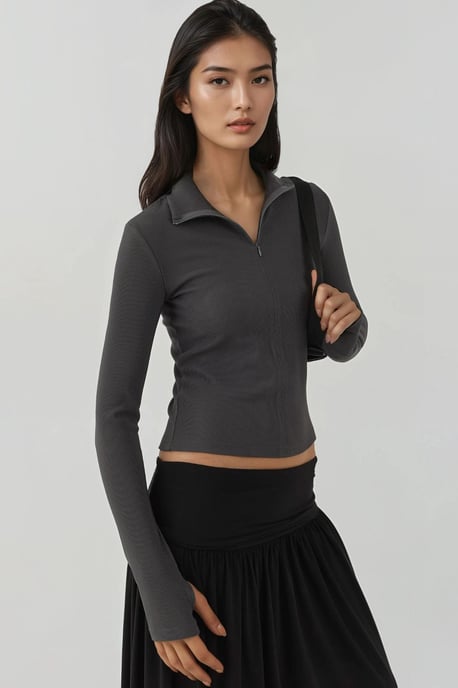 Fitted långärmad poloactive topp med blixtlås - Image 6