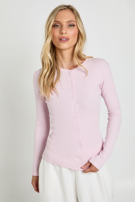 Petite Rib Button Through Long Sleeve Top - Image 3
