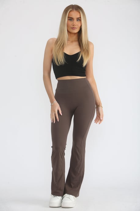 Brown High Waisted Wide Band Flared Activewear Leggings-Mina - Image 5