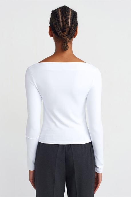Slim Fit Boat Neck Long Sleeve Blouse - Image 2