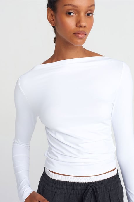 Slim Fit Boat Neck Long Sleeve Blouse - Image 3