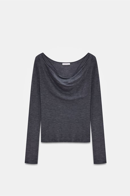 Tajta Ullstickade Blus med Cowl Neck - Image 5