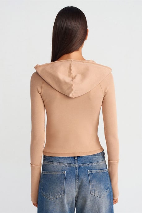 Geribbelde Katoenmix Cropped Hooded Blouse - Image 2