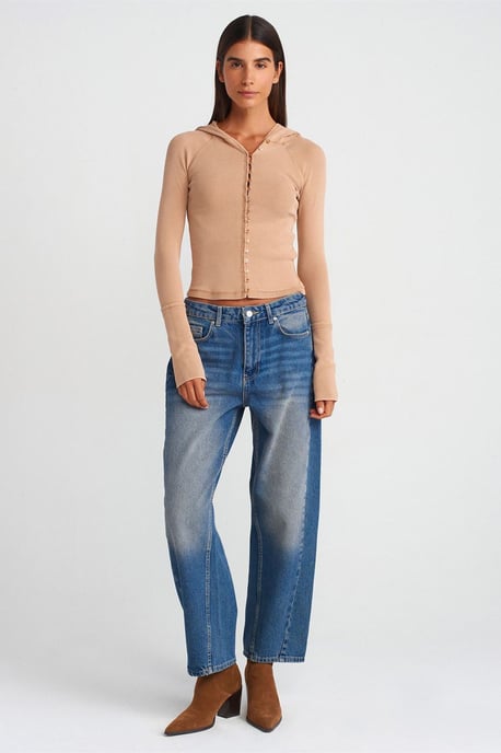 Geribbelde Katoenmix Cropped Hooded Blouse - Image 3