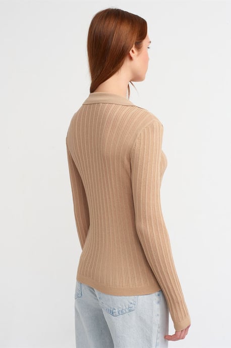 Slim-fit ribbad stickad polotröja - Image 2