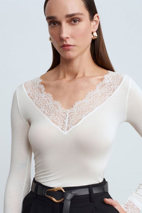 Slim Fit V-Hals Kanten Blouse - Image 3