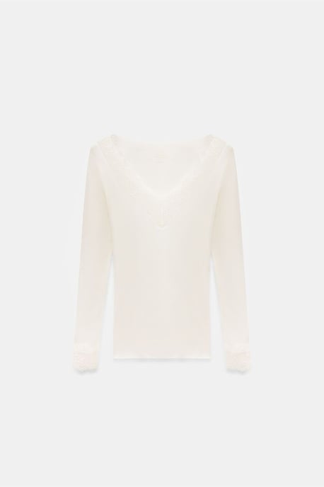 Slim Fit V-Hals Kanten Blouse - Image 5