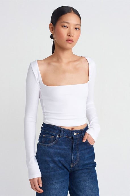 Dames Rechte Cropped Blouse met Vierkante Hals en Uitsparingen - Image 1