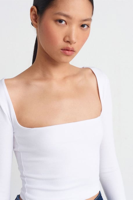 Dames Rechte Cropped Blouse met Vierkante Hals en Uitsparingen - Image 4