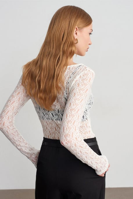 Slim Fit Kanten Boot Hals Blouse - Image 2