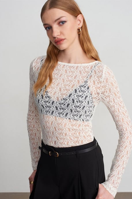 Slim Fit Kanten Boot Hals Blouse - Image 3
