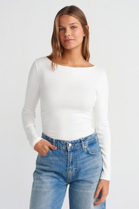 Slim Fit Geribbelde Bootneck Blouse - Image 1