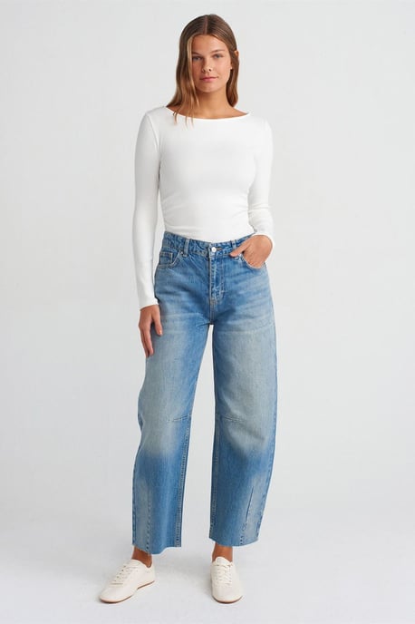Slim Fit Geribbelde Bootneck Blouse - Image 4