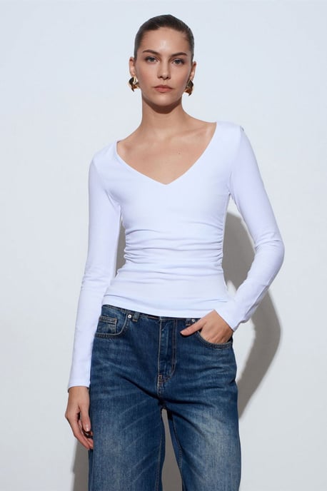 Slim Fit V-Hals Breimode Blouse - Image 3