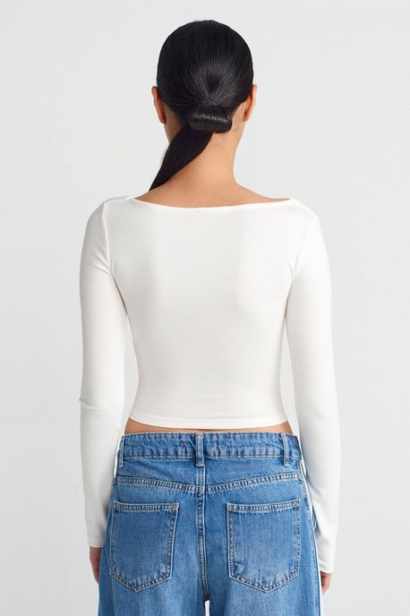 Dames Rechte Cropped Blouse met Vierkante Hals en Uitsparingen - Image 2