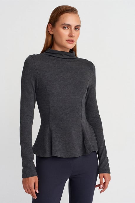 Fitted Half-Turtleneck Peplum Blouse - Image 1