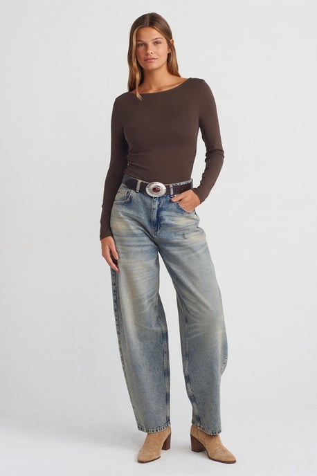 Slim Fit Geribbelde Bootneck Blouse - Image 3