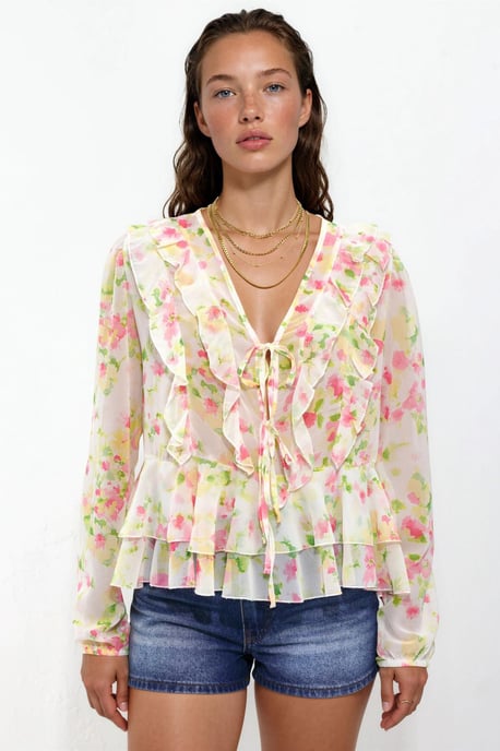 Rimpelige V-hals Patroon Blouse - Image 1