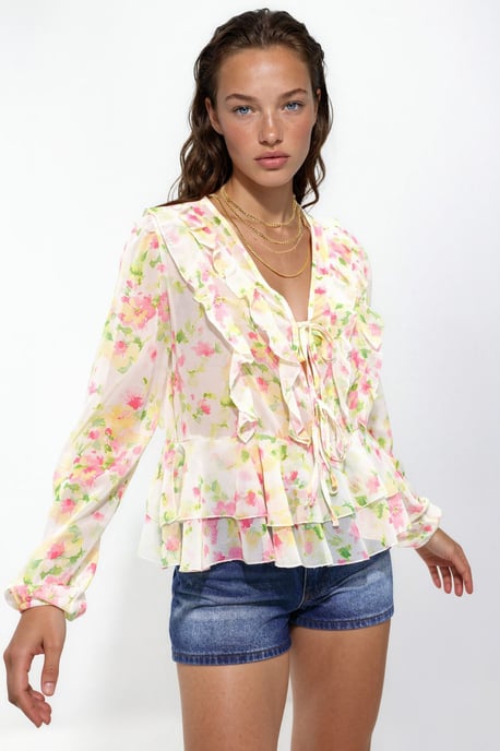 Rimpelige V-hals Patroon Blouse - Image 2