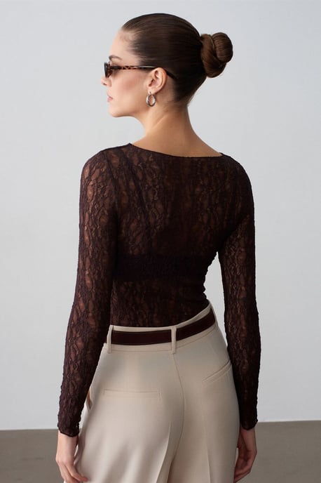 Slim Fit Spets Båturring Blus - Image 3